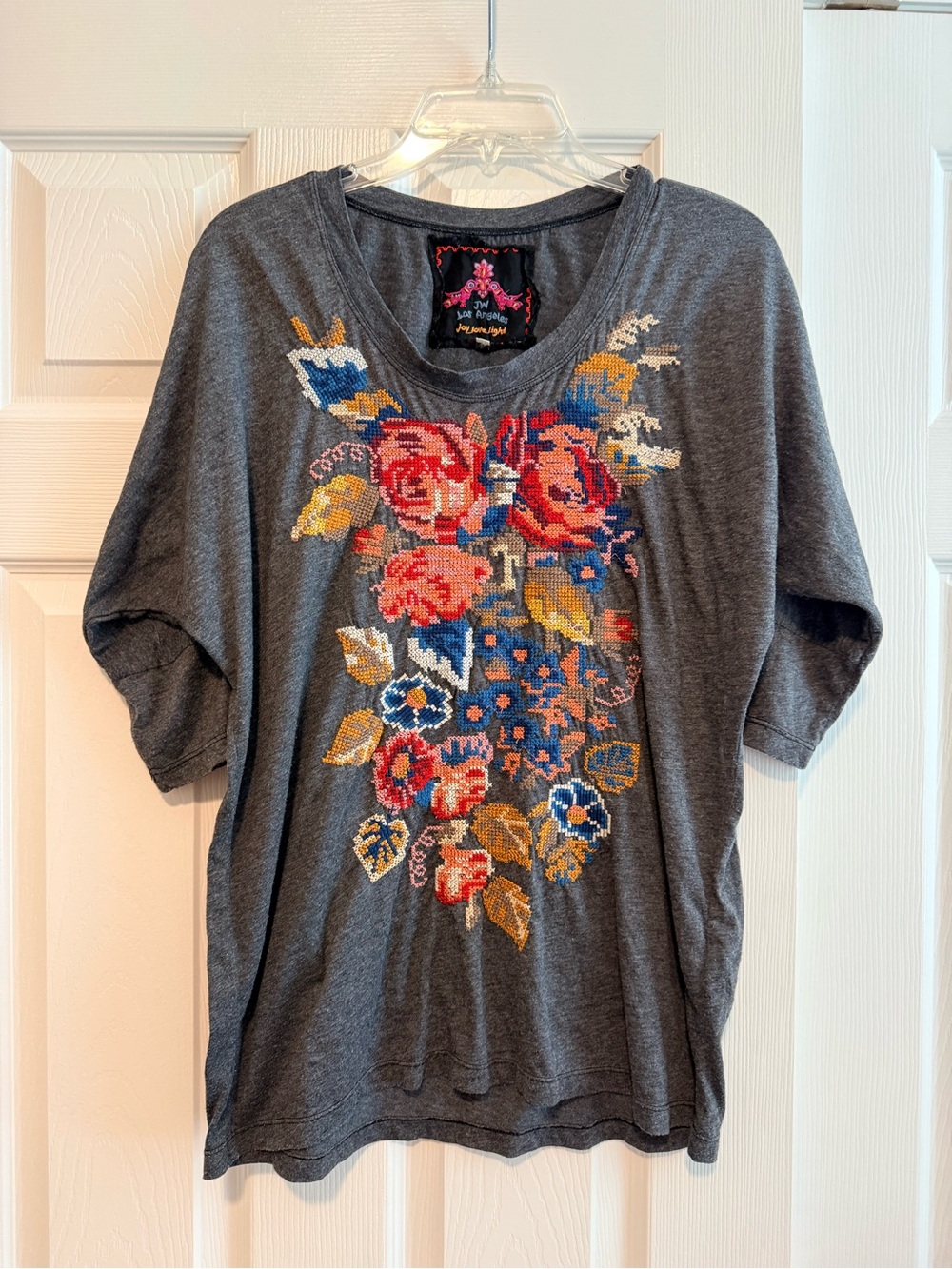 Johnny Was Gray Short-Sleeve Tee with Embroidered Floral Panel